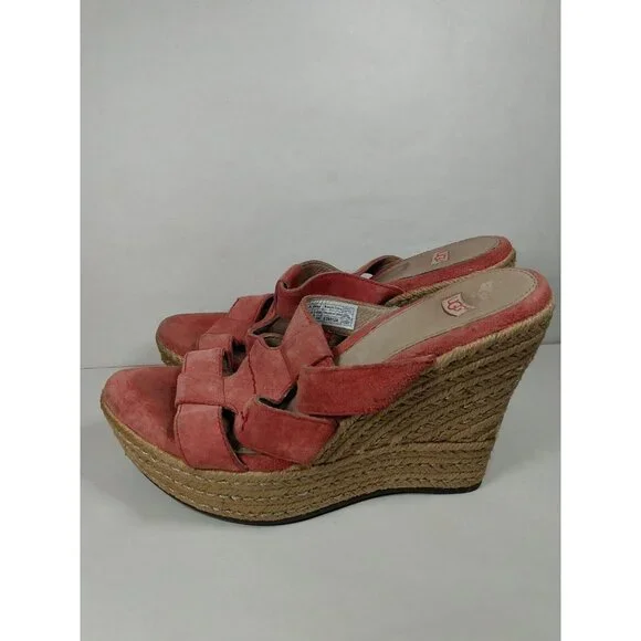 UGG Australia Tawnie Salmon Pink Suede Espadrille Wedge Heel Sandal Sz 6 F29012A - Picture 3 of 10